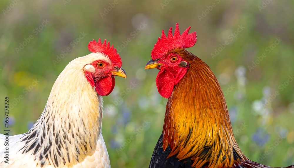 Fototapeta premium Two chickens face each other