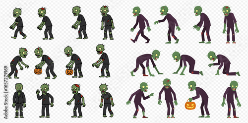 A collection of cartoon zombie character sprites in various poses for animation, including walking, crawling, and holding a Halloween pumpkin.