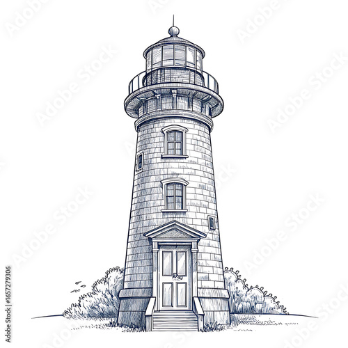 Detailed ink drawing of a classic stone lighthouse with a white background