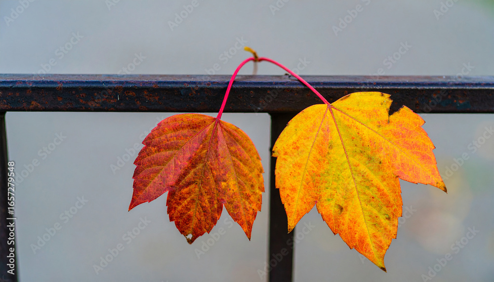 Obraz premium Autumnal Leaves: Two vibrant leaves, showcasing a stunning gradient of autumn hues, are gently suspended against a subtle blurred background, perfect for conveying the season's ephemeral beauty.