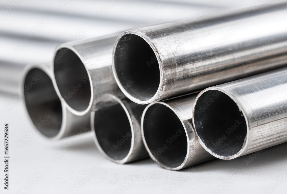 Fototapeta premium Close-up of multiple metallic pipes with smooth surfaces and hollow interiors arranged together