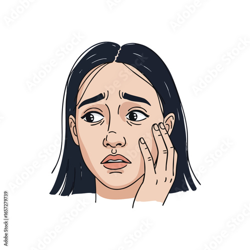Anxious Woman Cartoon Illustration. This distressed young lady, with a hand on her face, conveys feelings of worry, fear, pain, and mental strain. Perfect for emotional concepts.