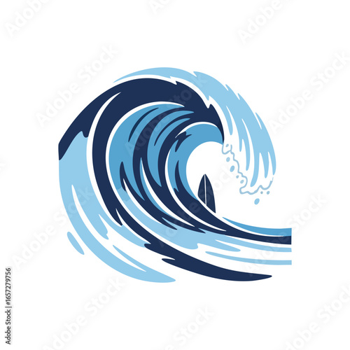 Dynamic Ocean Wave Surfboard Artwork. Stylized blue sea breaker with a hidden board. This vibrant illustration evokes power, freedom, and aquatic thrill, symbolizing challenge and natural force.