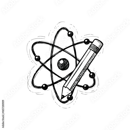 Science and Design Concept Doodle. Depicts a particle model and a writing instrument, embodying research, education, and innovative thought.