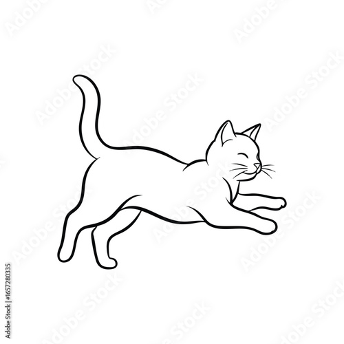 Playful White Cat Leaping. A graceful monochrome illustration of a domestic animal in motion, conveying joy and freedom. This pet embodies elegance and lively energy.
