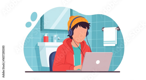 Person wearing headphones and beanie focused on a laptop in an unconventional bathroom setting, ideal for remote work, study, or online privacy.