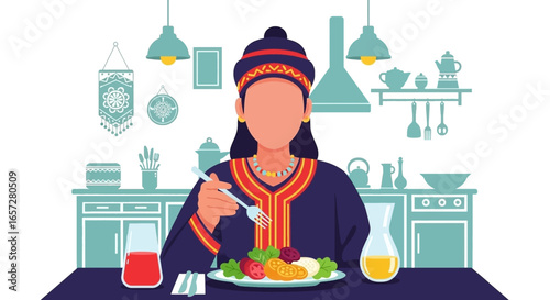 Woman in traditional attire enjoys a healthy meal in a vibrant kitchen setting, reflecting cultural lifestyle and well-being.