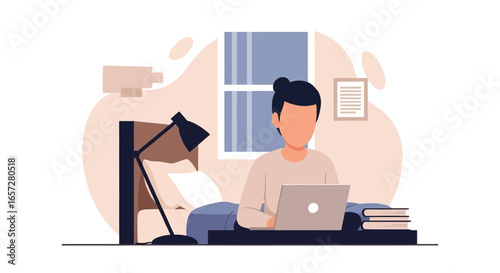 Person working remotely on a laptop in a cozy bedroom, ideal for illustrating flexible work, online learning, or a balanced lifestyle.