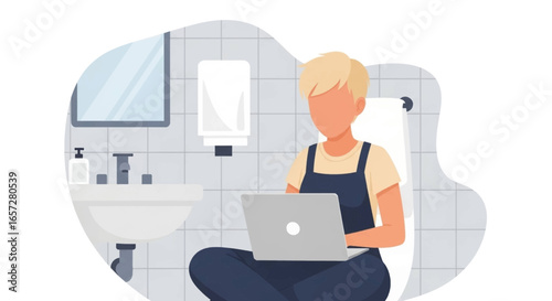Person working on a laptop while sitting on a toilet in a modern public restroom. Concept of remote work, multitasking, or digital nomad lifestyle.