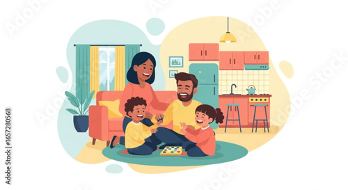Joyful family playing a board game at home. Parents and children share happy moments, fostering togetherness and fun in their everyday lifestyle.