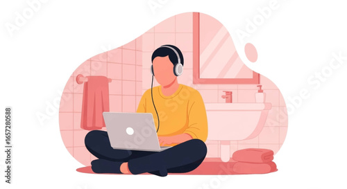 Person working comfortably on a laptop in a bathroom, emphasizing remote work flexibility and concentration in an unconventional home office setting.