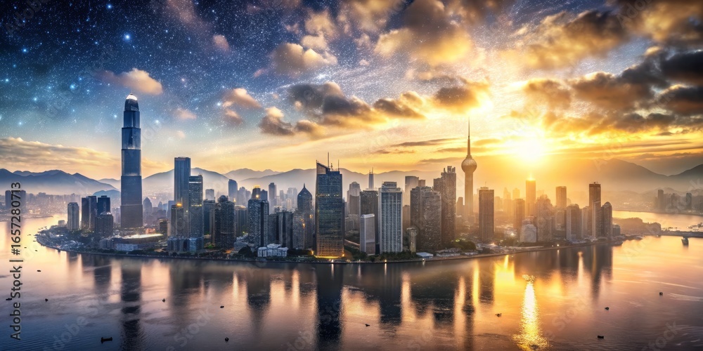 Fototapeta premium Skyline at Sunset with Reflections