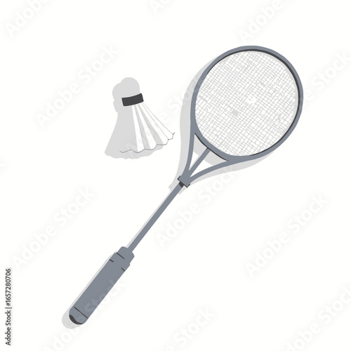 A badminton racket and shuttlecock, positioned against a white background, for a sport illustration.