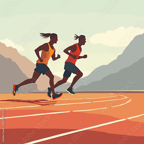 Two athletes sprint competitively on a running track, set against a mountainous backdrop.