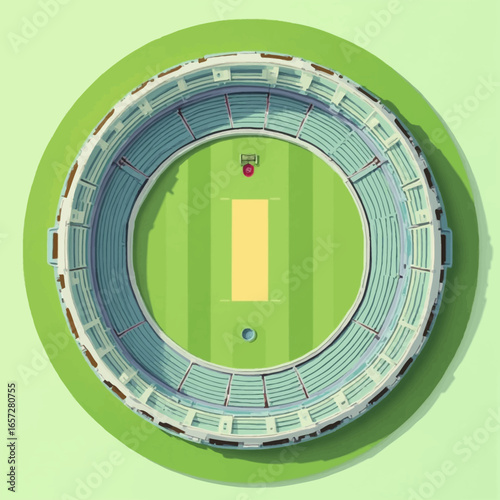 Overhead view of a circular cricket stadium, showcasing the pitch and tiered seating.