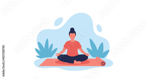 Serene woman meditating in lotus pose on a yoga mat, promoting peace, mindfulness, and wellness. Ideal for health and lifestyle concepts.