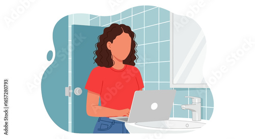 Woman working on laptop in a bathroom, illustrating remote work, flexible hours, and unconventional workspaces. Concept for business, home office, or digital nomad lifestyle.