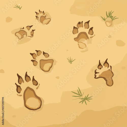 Bear paw prints in the sand, scattered amidst sparse desert vegetation.