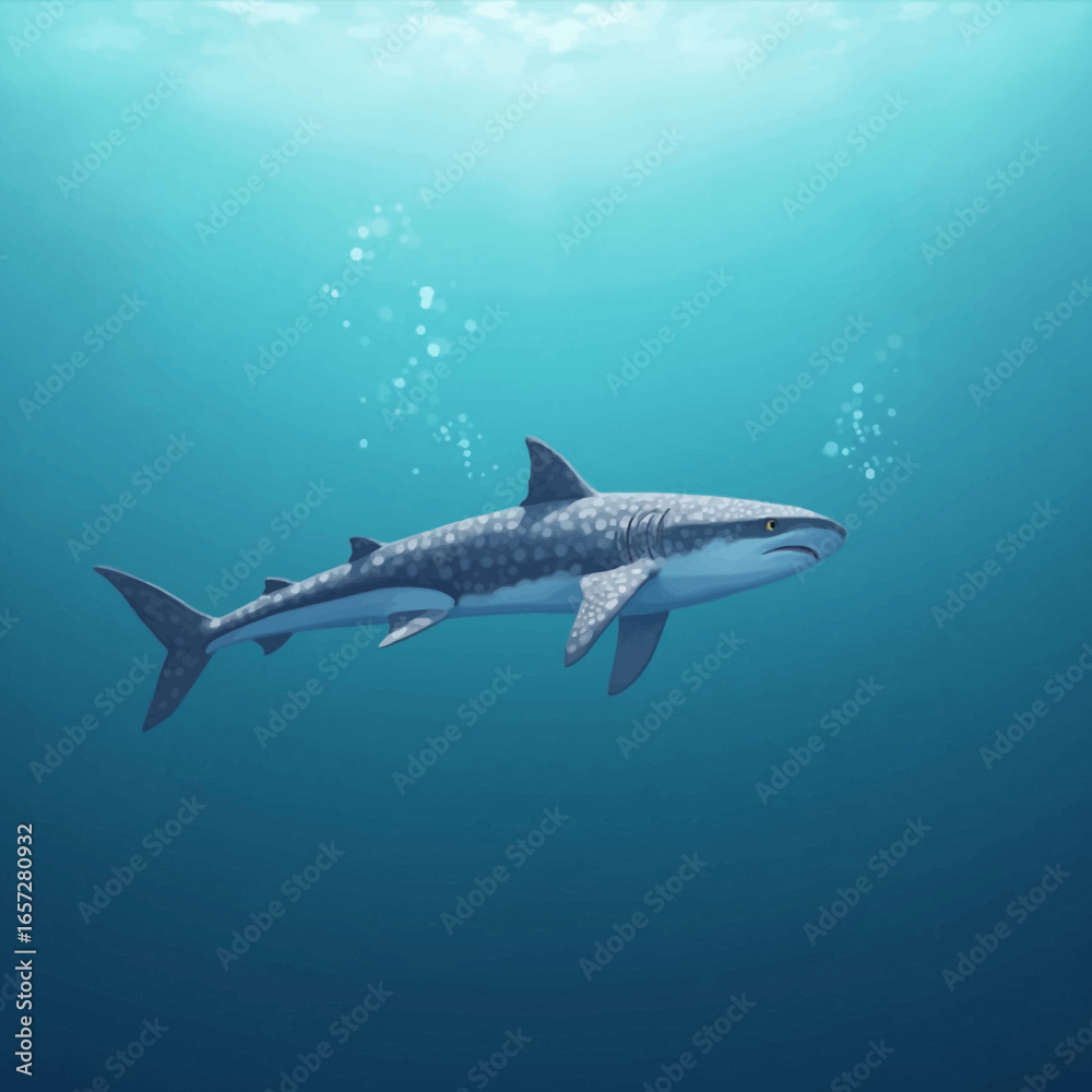 Fototapeta premium A whale shark swims gracefully in the deep blue ocean, with sunlight filtering through the surface and creating bubbles.