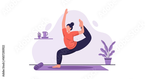 Woman in Dancer's Pose on a yoga mat, illustrating fitness, balance, and mindful living at home. Ideal for wellness, exercise, and self-care content.