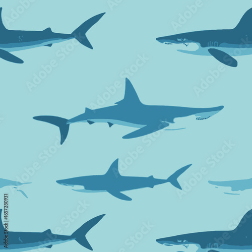 A pattern of blue shark silhouettes swimming in a light blue ocean background.