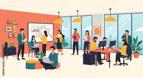 Dynamic office environment with diverse professionals collaborating and working efficiently. Ideal for business, teamwork, and modern workplace concepts.