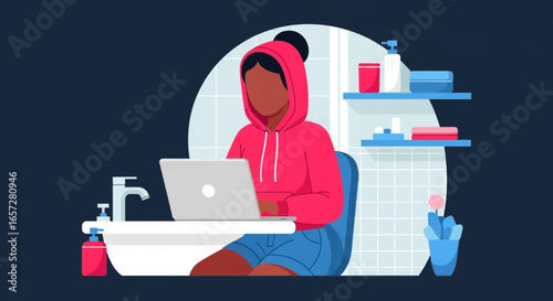 Woman working remotely on a laptop in her bathroom, combining comfort and productivity in an unconventional home office setting. Modern lifestyle and flexible work concept.