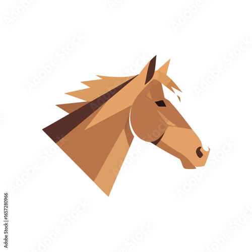 Geometric Horse Head Abstract Design. Stylized equine profile showcasing strength and freedom. This modern digital artwork depicts a powerful majestic animal against a dark background.