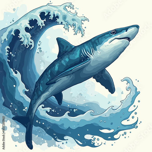 A shark leaps from the ocean, a wave crashing behind it, depicted in a stylized, illustration.