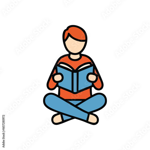 Person Reading a Book Illustration. A stylized graphic showing an individual engaged in quiet study. This visual conveys themes of knowledge, literacy, and thoughtful contemplation.
