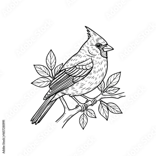 Elegant Cardinal Line Art Design. Striking monochrome depiction of a noble crested bird on a branch with foliage. This classic hand-drawn sketch conveys timeless sophistication and natural wonder.