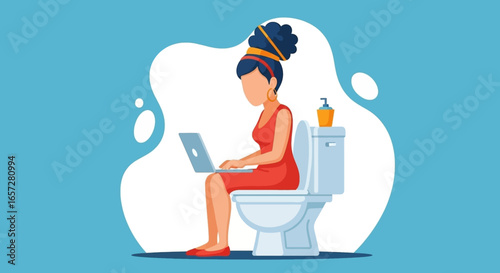 Woman engrossed in her laptop while on the toilet, representing remote work, work-life integration, or digital communication.