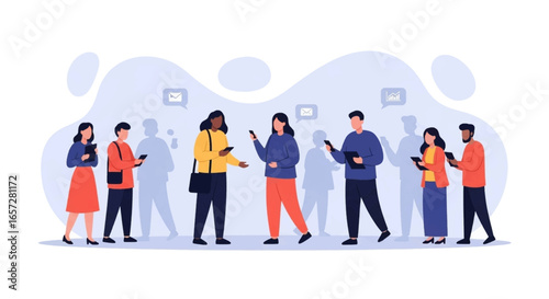Diverse people absorbed in their phones/tablets, illustrating digital communication, social media, online connectivity, and modern lifestyle concepts.
