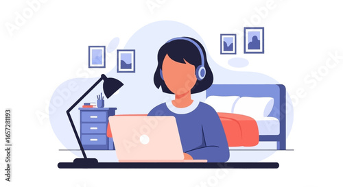Person working or studying remotely on a laptop with headphones in a comfortable home setting. Represents remote work, online education, or virtual communication.