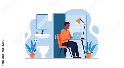 Man works remotely on laptop in a home bathroom, highlighting flexible work-from-home trends and modern lifestyle adjustments.