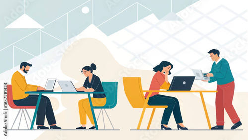 Team of diverse professionals collaborating and working productively on laptops in a contemporary coworking space. Ideal for business and technology concepts.