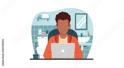 Person working on a laptop in a bathroom, illustrating remote work flexibility, unconventional home office, and the blurring lines of modern work-life balance.