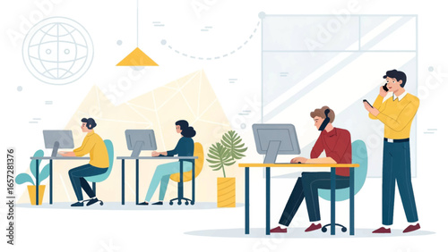 Team of diverse professionals collaborating in a modern office, focused on tasks and communication. Ideal for business, technology, and customer service concepts.