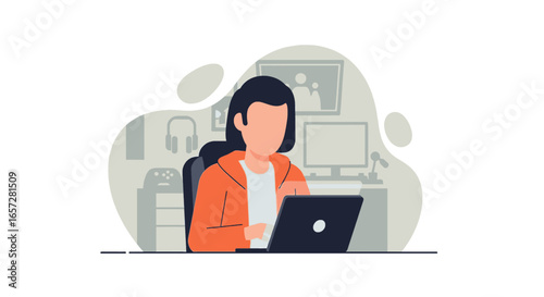 Illustration of a person focused on a laptop at a home desk, symbolizing remote work, online learning, or digital content creation.