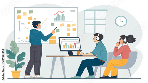 Professional team presentation in an office. Speaker uses a pointer on a whiteboard with charts, while colleagues listen and analyze data. Teamwork, learning, business growth.