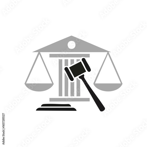 Justice System Symbol. Abstract icon depicting legal equity. This graphic features balanced scales, a judge's mallet, and a court building, symbolizing law, order, and judicial authority.