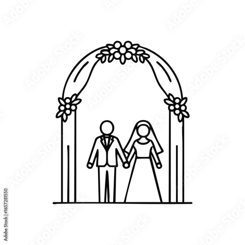 Nuptial Pair Under Adorned Archway. This elegant graphic features a bridal couple united beneath an ornate floral arbor, symbolizing enduring affection, lifelong partnership, and joyous commemoration.