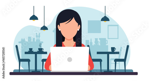 Woman focused on her laptop in a cafe, symbolizing remote work, productivity, and modern lifestyle. Ideal for business or freelance themes.
