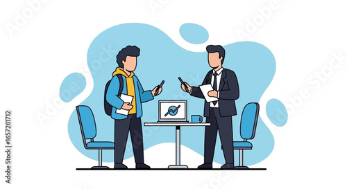 Young man and businessman collaborating at a table with a laptop. Illustrates mentorship, business discussions, or professional consulting.