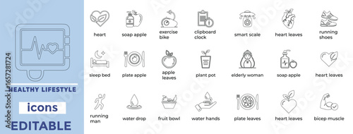 Clean editable healthy lifestyle  icons in line art ideal for wellness, nutrition, habits, health branding design