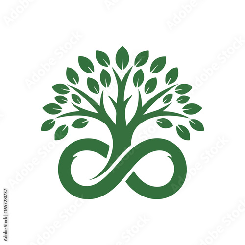 Eternal Green Tree Emblem. A vibrant eco logo merging a flourishing plant with an endless loop, conveying sustainable existence and the enduring power of nature.