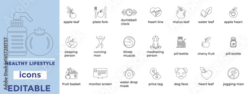 Clean editable healthy lifestyle  icons in line art ideal for wellness, nutrition, habits, health branding design