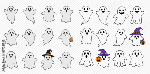 A collection of cute cartoon ghost characters with various expressions, some wearing witch hats for Halloween.
