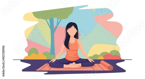 Peaceful woman meditating in a vibrant outdoor setting, promoting health, relaxation, and mental wellness. Ideal for mindfulness and lifestyle concepts.
