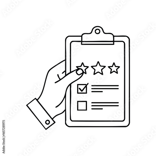 Customer Feedback and Rating. Hand interacts with a document, selecting a star and checking a box. Represents appraisal, client experience, task completion, or survey participation.